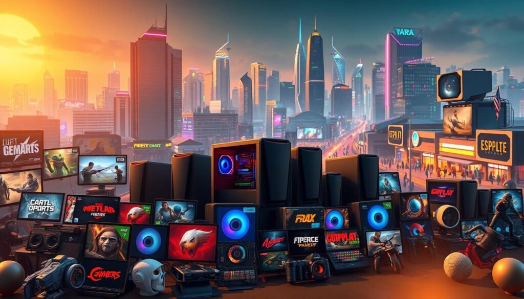 A vibrant, captivating scene depicting the most popular low-spec PC games of 2024. The foreground showcases a diverse array of game icons and logos, each representing a different genre - from fast-paced e-sports titles to immersive online experiences. The middle ground features a cluster of gaming rigs, their sleek designs hinting at their impressive capabilities despite their modest hardware. In the background, a cityscape with neon-lit skyscrapers and bustling streets sets the tone of a thriving, tech-savvy metropolitan environment. Warm lighting casts a soft glow, creating an inviting and energetic atmosphere that celebrates the enduring appeal of PC gaming for all hardware configurations.