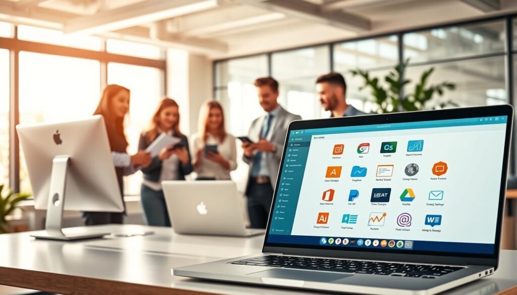 A vibrant digital workspace featuring a collection of high-quality free software alternatives displayed on sleek computer screens. In the foreground, a modern laptop open to a user-friendly interface of popular software tools, surrounded by icons symbolizing creativity and productivity. In the middle, a diverse group of professionals, dressed in smart casual attire, are engaged in a collaborative discussion, interacting with digital devices and showcasing teamwork. The background has a bright, airy office environment with large windows letting in natural light, creating an uplifting atmosphere. Soft shadows and warm tones enhance the inviting feel, evoking a sense of innovation and possibility. The composition is balanced, focusing on the tools and the collaborative spirit of teamwork without text or branding. A vibrant digital workspace featuring a collection of high-quality free software alternatives displayed on sleek computer screens. In the foreground, a modern laptop open to a user-friendly interface of popular software tools, surrounded by icons symbolizing creativity and productivity. In the middle, a diverse group of professionals, dressed in smart casual attire, are engaged in a collaborative discussion, interacting with digital devices and showcasing teamwork. The background has a bright, airy office environment with large windows letting in natural light, creating an uplifting atmosphere. Soft shadows and warm tones enhance the inviting feel, evoking a sense of innovation and possibility. The composition is balanced, focusing on the tools and the collaborative spirit of teamwork without text or branding.