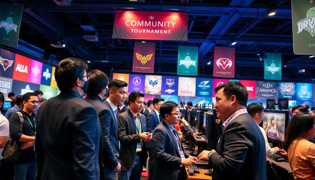 A vibrant indoor e-sports community tournament scene, showcasing community tournament organizers in action. In the foreground, a diverse group of dedicated organizers, dressed in smart casual attire, enthusiastically coordinating participants and talking to players. The middle section features gaming stations with players focused on their screens, immersed in competitive gameplay. The background features colorful banners displaying a variety of game logos, creating an energetic atmosphere. Soft ambient lighting illuminates the area, with spotlights highlighting key parts of the event. A dynamic angle captures the excitement and camaraderie of the community, conveying a sense of teamwork and engagement. The overall mood is lively and welcoming, emphasizing the vital role of organizers in fostering this e-sports ecosystem.