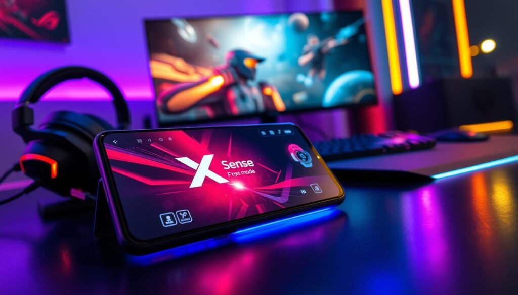 A vibrant scene showcasing a close-up view of the ASUS ROG Phone 8 in a modern gaming setup. The phone's screen is illuminated with vivid graphics displaying the "X Sense" mode interface, emphasizing its features for FPS gaming. In the foreground, the phone is placed on a sleek gaming table with RGB lighting. The middle ground features a high-end gaming headset and a mechanical keyboard, subtly blurred to keep focus on the phone. The background includes a stylish gaming monitor displaying action-packed gameplay, with ambient lighting creating a dynamic atmosphere. The lighting is bright and colorful, highlighting the phone's advanced technology, while a sense of excitement permeates the environment, reflecting a serious gaming mood. A vibrant scene showcasing a close-up view of the ASUS ROG Phone 8 in a modern gaming setup. The phone's screen is illuminated with vivid graphics displaying the "X Sense" mode interface, emphasizing its features for FPS gaming. In the foreground, the phone is placed on a sleek gaming table with RGB lighting. The middle ground features a high-end gaming headset and a mechanical keyboard, subtly blurred to keep focus on the phone. The background includes a stylish gaming monitor displaying action-packed gameplay, with ambient lighting creating a dynamic atmosphere. The lighting is bright and colorful, highlighting the phone's advanced technology, while a sense of excitement permeates the environment, reflecting a serious gaming mood.