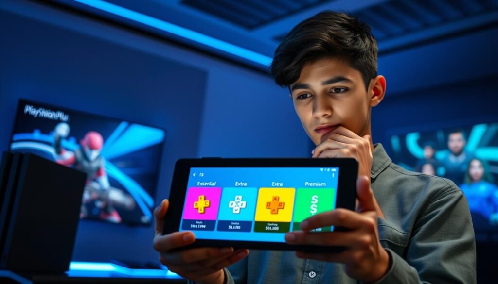 A visually appealing scene that encapsulates the concept of choosing the most economical gaming subscription tier. In the foreground, a thoughtful young adult, dressed in casual yet professional attire, is examining a digital tablet displaying various PlayStation Plus tiers. The middle layer features graphical icons representing the Essential, Extra, and Premium tiers, each distinctively presented with vibrant colors and symbols that convey value, features, and savings. The background is a futuristic gaming environment, softly lit with cool tones, showcasing a sleek gaming console and a large screen displaying dynamic graphics. The atmosphere is contemplative, inviting viewers to consider their options carefully, illuminated by soft diffuse lighting that highlights the subject's focused expression. The angle is slightly above eye-level, creating an engaging perspective that draws attention to the decision-making process. A visually appealing scene that encapsulates the concept of choosing the most economical gaming subscription tier. In the foreground, a thoughtful young adult, dressed in casual yet professional attire, is examining a digital tablet displaying various PlayStation Plus tiers. The middle layer features graphical icons representing the Essential, Extra, and Premium tiers, each distinctively presented with vibrant colors and symbols that convey value, features, and savings. The background is a futuristic gaming environment, softly lit with cool tones, showcasing a sleek gaming console and a large screen displaying dynamic graphics. The atmosphere is contemplative, inviting viewers to consider their options carefully, illuminated by soft diffuse lighting that highlights the subject's focused expression. The angle is slightly above eye-level, creating an engaging perspective that draws attention to the decision-making process.