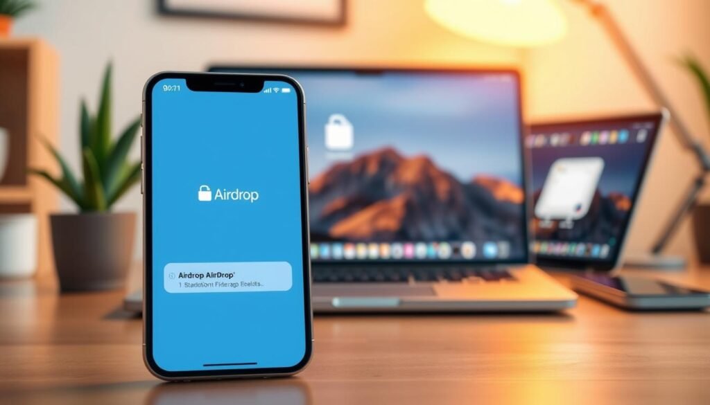 A visually engaging illustration depicting the impact of iOS updates on AirDrop usage. In the foreground, a sleek iPhone displaying the AirDrop interface, with glowing icons indicating file sharing. In the middle ground, a modern MacBook receiving files, the screen lit with colorful transmission graphics. The background features a softly blurred room with a contemporary desk setup, creating an inviting tech-savvy atmosphere. Use warm, soft lighting to evoke a sense of innovation and connectivity. Employ a slight depth of field to emphasize the devices in the foreground while keeping the background softly focused. The overall mood should be one of efficiency and modernity, illustrating seamless file sharing between Apple devices enhanced by the latest iOS features.