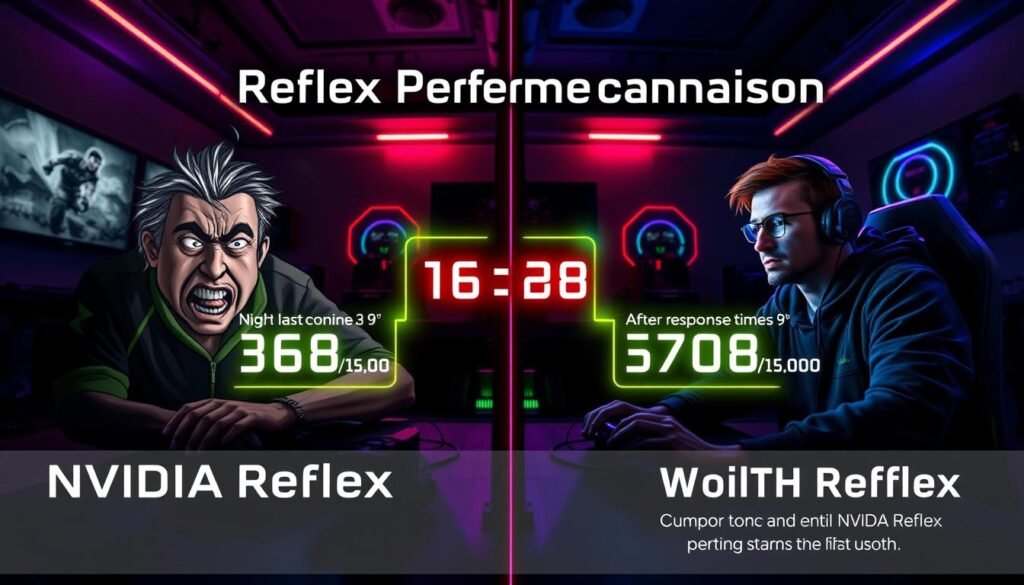 A visually impactful comparison image illustrating "NVIDIA Reflex Performance Comparison." In the foreground, depict two side-by-side gaming setups: on the left, a chaotic gaming scene with a player experiencing high latency, showing a frayed gamer with furrowed brows; on the right, the same player, now calm and focused after enabling NVIDIA Reflex, showcasing smooth gameplay. In the middle, highlight performance metrics like fps and response times using glowing graphics. The background features a dimly lit gaming room, subtly lit by RGB lights, enhancing the contrast between the two setups. Use a wide-angle lens to capture the space while maintaining a sharp focus on the setups, creating a dynamic, engaging atmosphere that showcases the transformation in gaming performance. A visually impactful comparison image illustrating "NVIDIA Reflex Performance Comparison." In the foreground, depict two side-by-side gaming setups: on the left, a chaotic gaming scene with a player experiencing high latency, showing a frayed gamer with furrowed brows; on the right, the same player, now calm and focused after enabling NVIDIA Reflex, showcasing smooth gameplay. In the middle, highlight performance metrics like fps and response times using glowing graphics. The background features a dimly lit gaming room, subtly lit by RGB lights, enhancing the contrast between the two setups. Use a wide-angle lens to capture the space while maintaining a sharp focus on the setups, creating a dynamic, engaging atmosphere that showcases the transformation in gaming performance.