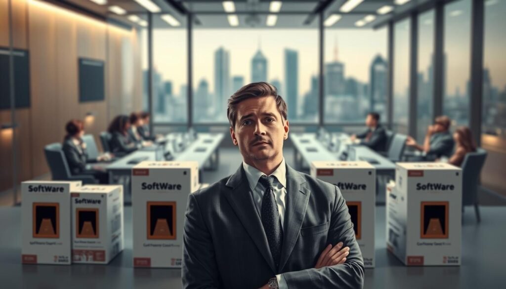 A visually striking and informative illustration depicting the concept of "software selection traps" for businesses in 2024. In the foreground, a business professional in business attire stands thoughtfully before multiple software boxes, each with a trap door subtly integrated into their designs. The middle ground features a blurred conference room filled with representatives, engaged in discussions, emphasizing the collaboration aspect. The background showcases a futuristic skyline, suggesting innovation and technology. Soft, direct lighting highlights the professional's face, creating a mood of contemplation and caution. The scene is artfully captured with a wide-angle lens to emphasize both the subject and the software boxes, conveying the importance of making informed choices in software selection.