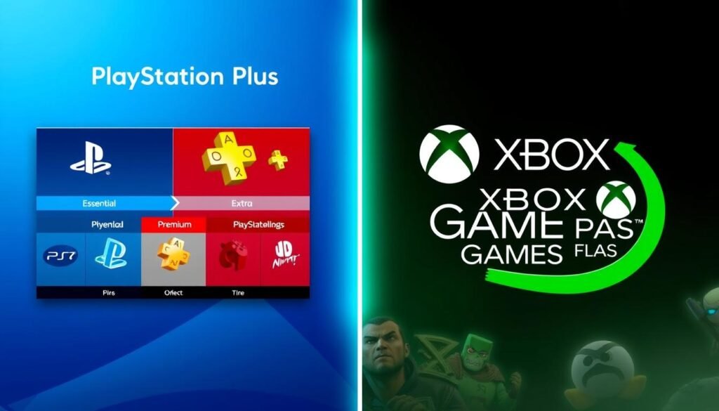 A visually striking comparison image featuring a split-screen design of gaming services. On the left, showcase the PlayStation Plus tiers: Essential, Extra, and Premium, with distinct icons representing each tier. Use vibrant colors like deep blue and bright red to signify PlayStation branding. On the right, depict Xbox Game Pass, featuring its logo in green and various game icons that symbolize its diverse library. The background should have a soft gradient transitioning from blue to green, giving depth and balance. Use soft dramatic lighting to highlight the icons, creating an engaging atmosphere. The overall mood should be informative yet dynamic, capturing the essence of modern gaming subscriptions without any text or logos. A visually striking comparison image featuring a split-screen design of gaming services. On the left, showcase the PlayStation Plus tiers: Essential, Extra, and Premium, with distinct icons representing each tier. Use vibrant colors like deep blue and bright red to signify PlayStation branding. On the right, depict Xbox Game Pass, featuring its logo in green and various game icons that symbolize its diverse library. The background should have a soft gradient transitioning from blue to green, giving depth and balance. Use soft dramatic lighting to highlight the icons, creating an engaging atmosphere. The overall mood should be informative yet dynamic, capturing the essence of modern gaming subscriptions without any text or logos.