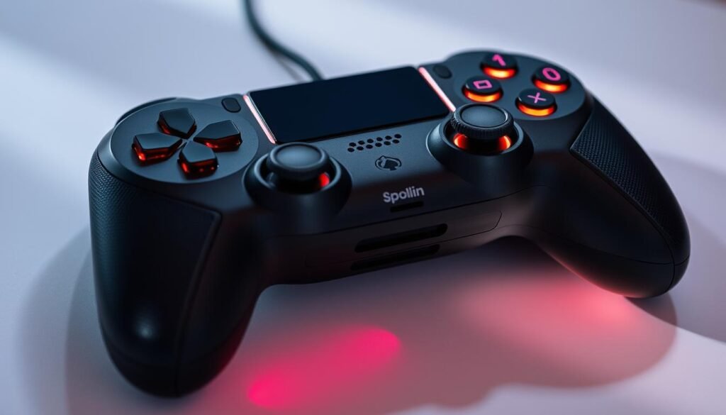 An expertly crafted gaming controller, its sleek silhouette and bold accents command attention. A central display showcases its latest features, illuminating the cutting-edge technology within. Ergonomic contours and a premium grip texture ensure comfort during extended play sessions. Strategically placed inputs and customizable controls provide precise command over the action. Soft, diffused lighting bathes the scene, creating an atmosphere of sophistication and performance. Captured in a high-resolution, sharply focused image, this gaming controller embodies the pinnacle of modern design and functionality.