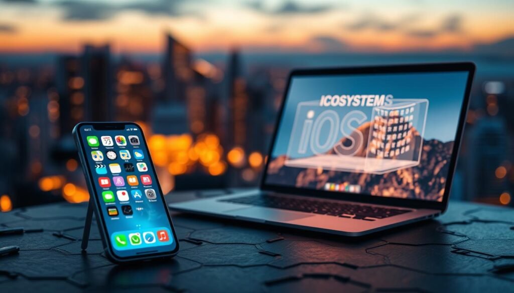 An intricate digital landscape illustrating the "Ecosystem iOS," showcasing various Apple devices like iPhones, iPads, and Macs interconnected through a seamless flow of data. In the foreground, a sleek iPhone displays the iOS interface, with vibrant app icons glowing softly, illuminating the scene. The middle ground features a MacBook with a translucent screen, revealing a 3D hologram of the iOS architecture, symbolizing its interconnected nature. The background presents a blurred cityscape at dusk, with warm ambient lighting casting a professional atmosphere. The entire composition is framed with a slight angle to emphasize depth, creating a sense of innovation and technology. The mood is inspiring, demonstrating the power and synergy of the iOS ecosystem in a modern, tech-savvy world.