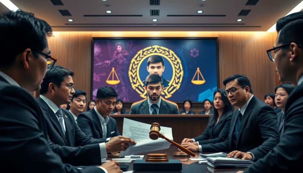 In a dramatic courtroom setting, a tense legal dispute unfolds, capturing the essence of esports conflict. In the foreground, a diverse group of professionals in business attire debates passionately over a digital contract, their faces reflecting determination and concern. In the middle ground, a large digital screen displays an avatar of a professional gamer, symbolizing the core of the dispute, with legal symbols like gavel and scales subtly incorporated around it. The background features a modern courtroom with soft lighting, highlighting the seriousness of the legal atmosphere while emphasizing the intersection of technology and law in Indonesia. The overall mood is intense and focused, illustrating the complexities of legalities in the esports industry.