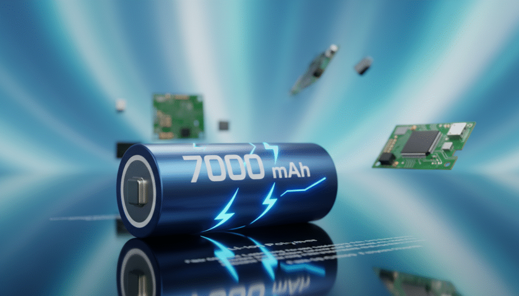 A 7000 mAh smartphone battery prominently displayed in the foreground, showcasing its sleek design and vibrant colors. The battery is set on a modern, reflective surface that highlights its cylindrical shape and technical specifications. In the middle ground, faint representations of smartphone technology like circuit boards and charging ports are softly blurred, creating a sense of depth and context. The background features an abstract gradient of blue and white, symbolizing energy and innovation, with gentle lighting that casts subtle shadows, enhancing the battery's contours. The atmosphere is one of excitement and technological advancement, inviting the viewer to appreciate the power and efficiency that the 7000 mAh battery represents. A 7000 mAh smartphone battery prominently displayed in the foreground, showcasing its sleek design and vibrant colors. The battery is set on a modern, reflective surface that highlights its cylindrical shape and technical specifications. In the middle ground, faint representations of smartphone technology like circuit boards and charging ports are softly blurred, creating a sense of depth and context. The background features an abstract gradient of blue and white, symbolizing energy and innovation, with gentle lighting that casts subtle shadows, enhancing the battery's contours. The atmosphere is one of excitement and technological advancement, inviting the viewer to appreciate the power and efficiency that the 7000 mAh battery represents.