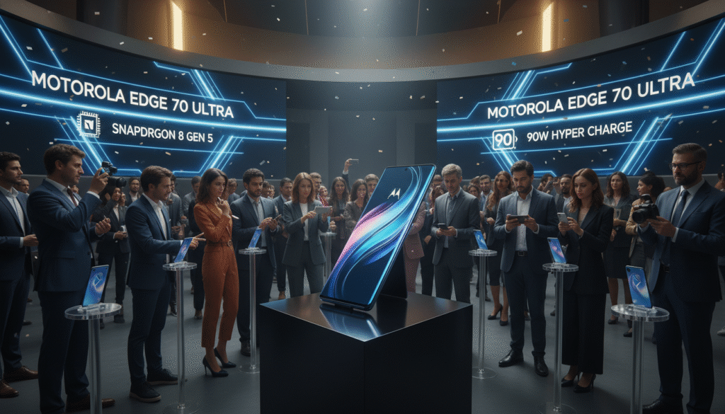A bustling flagship smartphone launch event, showcasing the Motorola Edge 70 Ultra in a stylish modern venue. In the foreground, a sleek, metallic smartphone is displayed on a polished black pedestal, illuminated by soft spotlighting that highlights its premium design and vibrant screen. The middle view captures excited attendees dressed in professional business attire, engaging with the device and discussing its features, while some hold cameras to capture the moment. In the background, large banners and digital screens display the product's branding and performance highlights related to the Snapdragon 8 Gen 5 chip and 90W charging capabilities. The overall atmosphere is vibrant and dynamic, with ambient lighting creating an inviting yet professional mood, enhancing the excitement of upcoming flagship releases in the Android market for 2026.