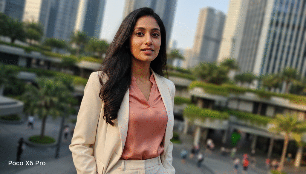 A captivating portrait captured with a smartphone camera, showcasing a young professional in a stylish, modest outfit, positioned in the foreground. The individual gazes confidently into the camera, with soft, natural lighting illuminating their features, highlighting the texture of their skin and the richness of their eye color. In the middle ground, a softly blurred urban background is suggestive of city life, featuring modern buildings with greenery, creating a harmonious contrast. The angle is slightly tilted to provide a dynamic feel, emphasizing depth and perspective. The overall mood is warm and inviting, with a hint of professionalism, perfect for conveying the beauty of smartphone portrait photography while showcasing the details and quality achievable with the Poco X6 Pro.