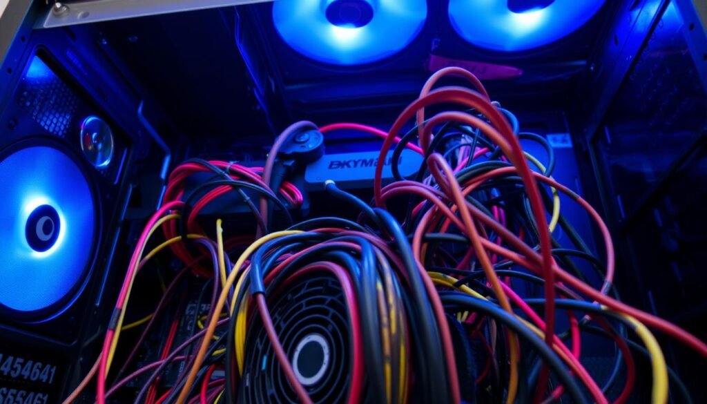 A chaotic scene inside a computer case showcasing a non-modular power supply unit (PSU) surrounded by tangled, colorful cables. The foreground features the PSU prominently, with thick, messy wires protruding in all directions, some resting haphazardly on the motherboard. In the middle, additional components like the graphics card and cooler are visible, partially obscured by the power cables, emphasizing the cluttered feel. The background displays the casing itself, with a glass panel allowing a glimpse of the internal chaos. Soft, overhead LED lighting casts a cool blue hue, creating a slightly dramatic atmosphere. The angle is a slightly elevated shot, drawing the viewer's attention to the disorganized cable management, highlighting the challenges of a non-modular PSU setup.