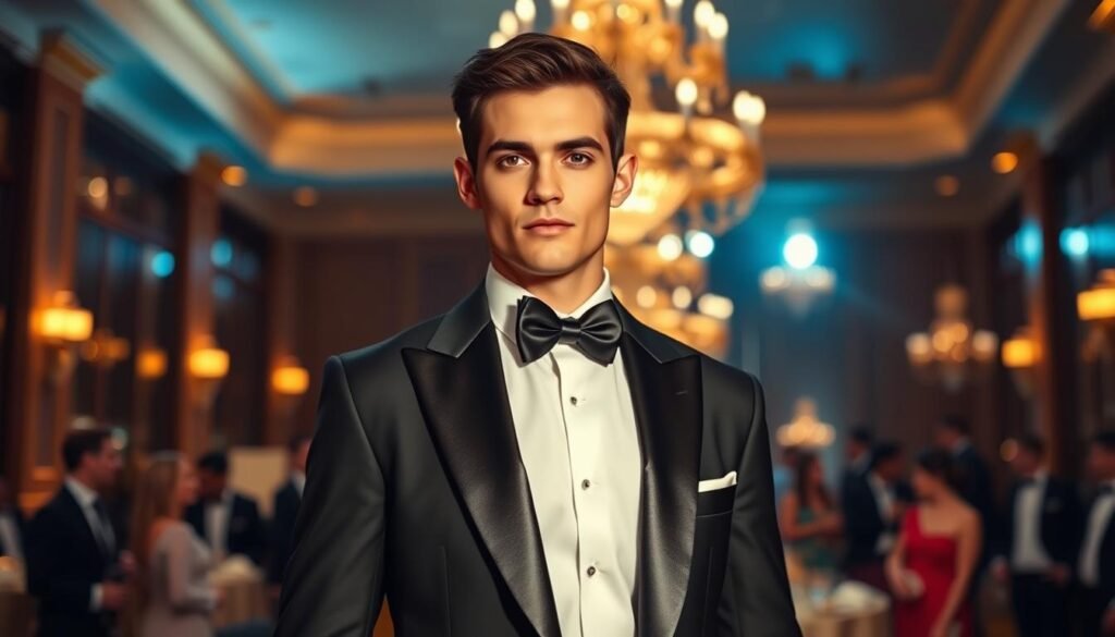 A classic black tuxedo, tailored to perfection, is showcased prominently in the foreground. The tuxedo features a satin lapel and sharp edges, paired with a crisp white dress shirt and a sleek black bow tie. The model stands confidently, exuding elegance and sophistication, set against a softly lit backdrop that suggests an upscale evening event. Warm, ambient lighting highlights the fabric's sheen while casting gentle shadows, creating a refined atmosphere. In the middle ground, blurred glimpses of an opulent ballroom with glimmering chandeliers and elegantly dressed attendees enhance the setting. The overall mood conveys a sense of glamour and exclusivity, perfect for a formal night occasion. The image is captured with a shallow depth of field, drawing focus to the tuxedo while emphasizing the luxury of the environment.