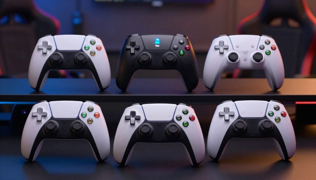 A close-up comparison of the battery life indicators of various premium gaming controllers, prominently featuring the DualSense Edge controller with a vibrant LED display showing a limited battery life of 5 hours. In the foreground, an elegant gaming setup showcases the controllers side by side, with each one distinctly labeled by a subtle glow. The middle layer includes a stylized gaming environment, herded by dynamic lighting that subtly highlights the textures of each controller, emphasizing their unique designs. The background features a soft-focus gaming room ambiance, with ambient light reflecting off sleek surfaces to create a futuristic yet cozy mood. The scene is shot from a slightly elevated angle, enhancing the depth and comparison aspect without overcrowding the image.