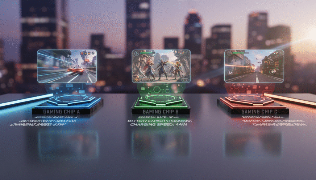 A close-up comparison of three modern smartphone gaming chipsets arranged on a sleek, reflective surface. In the foreground, show detailed illustrations of each chipset with labeled specifications like "Refresh Rate", "Battery Capacity", and "Charging Speed". The middle ground includes vibrant gaming graphics emanating from the smartphones, showcasing high refresh rates in action. The background features a blurred cityscape at dusk, with soft, ambient lighting highlighting the tech gadgets, creating a futuristic atmosphere. Use a shallow depth of field to keep the focus on the chipsets, with a slight lens flare for a high-tech feel. The overall mood is dynamic and innovative, appealing to gamers seeking budget-friendly options.