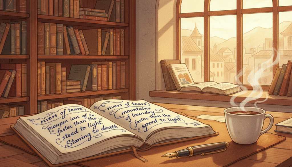 A close-up illustration of a creative workspace, highlighting the concept of hyperbole in literature. In the foreground, a beautifully arranged open notebook showcases vivid examples of hyperbolic expressions, written in elegant cursive. A polished fountain pen and a steaming cup of coffee sit nearby, suggesting an atmosphere of inspiration. In the middle ground, a large window lets in bright, natural light, illuminating a bookshelf filled with classic literature, emphasizing the educational context. The background features a softly blurred cityscape outside, creating a sense of connection between literature and the broader world. The overall mood is intellectual and inspiring, inviting viewers to explore the depth of hyperbole in writing. Use soft, warm lighting to enhance the inviting atmosphere.