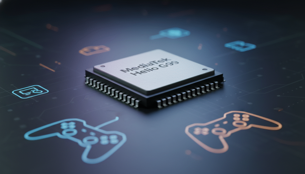 A close-up image of a cutting-edge MediaTek Helio G99 chipset, prominently displayed on a sleek, modern tabletop. The chipset is oriented slightly angled to showcase its intricate details, with metallic textures reflecting ambient light. In the foreground, the chipset is accompanied by subtle elements representing gaming performance and multitasking, such as stylized game controllers or dynamic icons, all presented with a blurred depth of field for a professional look. The background remains sleek and minimalist, perhaps with a gradient of tech-inspired colors fading into darkness, enhancing the chipset's visibility and highlighting its role in mobile performance. The lighting is soft yet focused, creating an inviting atmosphere that emphasizes innovation and high-performance technology.