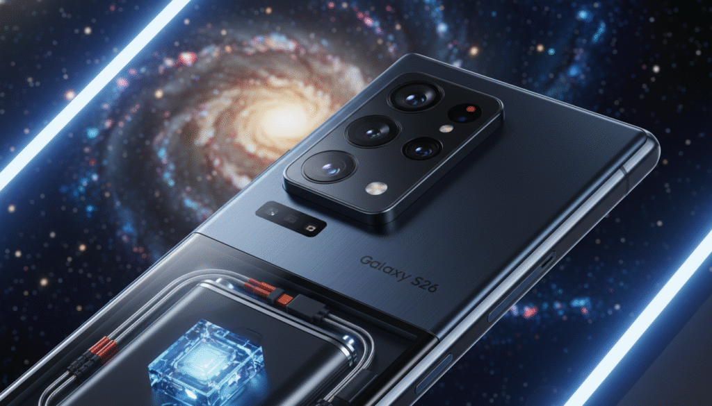 A close-up image of a modern smartphone, highlighting the rear camera system and battery. The smartphone is the Galaxy S26, showcasing its sleek design and advanced camera setup with multiple lenses and sensors. The battery is partially visible, emphasizing size and efficiency. In the background, a subtle hint of a galaxy or star field represents the satellite phone capabilities, creating a futuristic feel. The lighting should be dramatic, focusing on the phone with a soft glow, emphasizing the sleek edges and premium materials. Capture the image at an angle that showcases the camera layout, with a clean, minimalist aesthetic to evoke innovation and advancement in technology. The overall mood should be inspiring and forward-thinking, appealing to tech enthusiasts. A close-up image of a modern smartphone, highlighting the rear camera system and battery. The smartphone is the Galaxy S26, showcasing its sleek design and advanced camera setup with multiple lenses and sensors. The battery is partially visible, emphasizing size and efficiency. In the background, a subtle hint of a galaxy or star field represents the satellite phone capabilities, creating a futuristic feel. The lighting should be dramatic, focusing on the phone with a soft glow, emphasizing the sleek edges and premium materials. Capture the image at an angle that showcases the camera layout, with a clean, minimalist aesthetic to evoke innovation and advancement in technology. The overall mood should be inspiring and forward-thinking, appealing to tech enthusiasts.