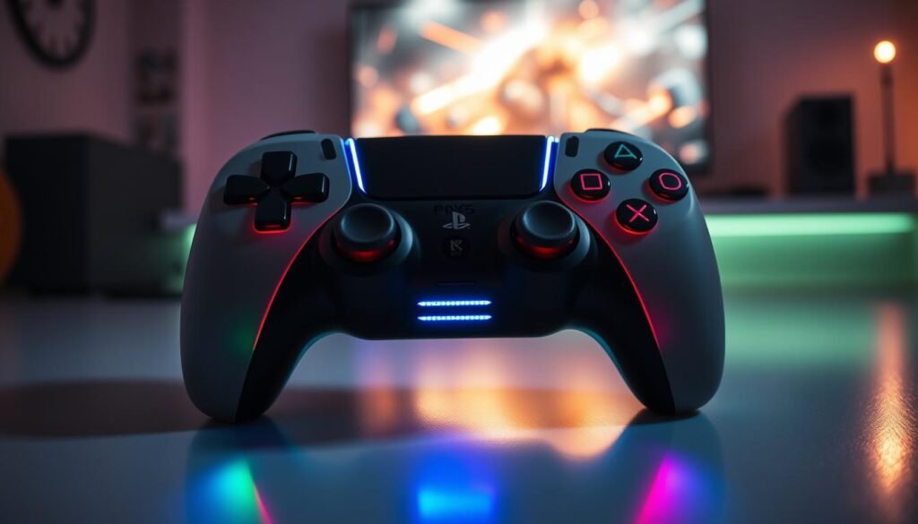 A close-up of a PlayStation 5 DualSense controller showcasing vibrant RGB light bars reacting dynamically to in-game action. The controller should be positioned in the foreground, with the RGB lights emanating colorful hues like blue, green, and red, casting reflections on a smooth surface. In the middle ground, a blurred view of a gaming environment illuminated by the colors from the controller, hinting at a thrilling gaming moment. The background features a softly lit gaming setup with a modern console and a television screen displaying an action-packed game scene. The atmosphere conveys excitement and immersion, captured with soft focus and dramatic lighting to highlight the glowing lights on the controller.