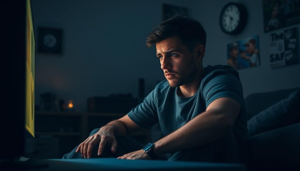 A close-up scene depicting a frustrated gamer sitting in a dimly lit room, illuminated by the soft glow of an Xbox console. The gamer, casually dressed, is intently looking at the screen, which shows a loading icon, symbolizing the delays caused by the lack of Quick Resume functionality. Surround the gamer with subtle elements that highlight gaming culture, like game controllers and posters on the walls. In the background, a faintly visible clock shows late hours, emphasizing the time wasted. The atmosphere is tense yet relatable, capturing the emotional impact of gaming interruptions. Use soft focus on the background to draw attention to the gamer while maintaining a sense of immersion in the gaming environment.