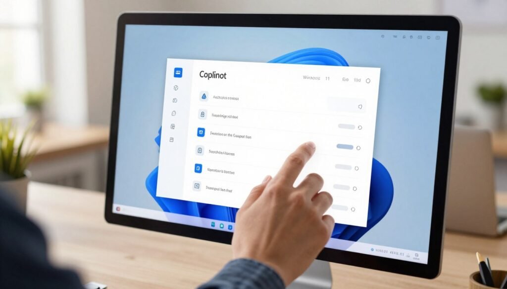 A close-up scene featuring a modern desktop computer screen displaying the Windows 11 Settings interface with a focus on the "Copilot" feature settings menu. In the foreground, a hand reaches out to interact with the screen, portrayed in a professional business attire, suggesting action and engagement. The middle ground includes visual elements of the settings menu, with distinct icons and sliding toggles clearly organized, radiating a user-friendly design. The background softly blurs to reveal a well-lit, contemporary office environment with hints of technology, such as a sleek laptop and desk accessories, emphasizing a productive atmosphere. Natural light streams in from a window, casting a warm glow, evoking a sense of ease and clarity as users learn to disable the Copilot feature.