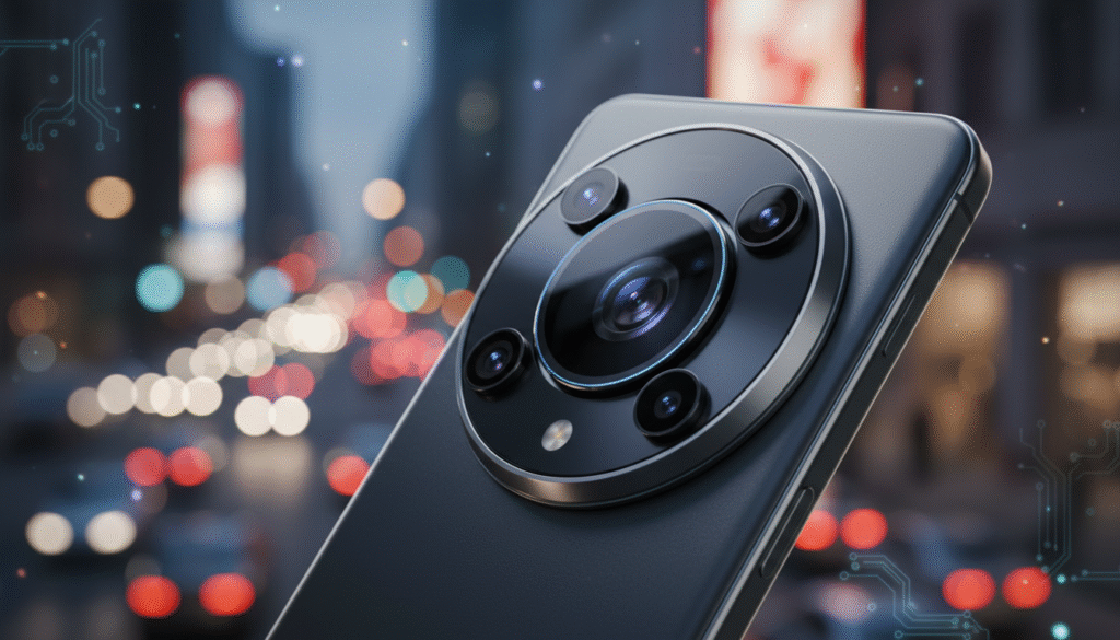 A close-up shot of a high-end smartphone featuring a prominent main camera lens, showcasing its sophisticated design. The smartphone should be positioned slightly angled to emphasize the camera, with a blurred background of a vibrant urban setting filled with playful bokeh lights. Include subtle hints of technological elements like circuit patterns in the background. The lighting should be soft yet clear, creating a professional atmosphere. Capture the essence of high-quality photography with a mood that reflects creativity, showcasing the phone’s camera features ideal for capturing vibrant videos and photos. The image should feel dynamic and modern, without any text or branding present. A close-up shot of a high-end smartphone featuring a prominent main camera lens, showcasing its sophisticated design. The smartphone should be positioned slightly angled to emphasize the camera, with a blurred background of a vibrant urban setting filled with playful bokeh lights. Include subtle hints of technological elements like circuit patterns in the background. The lighting should be soft yet clear, creating a professional atmosphere. Capture the essence of high-quality photography with a mood that reflects creativity, showcasing the phone’s camera features ideal for capturing vibrant videos and photos. The image should feel dynamic and modern, without any text or branding present.