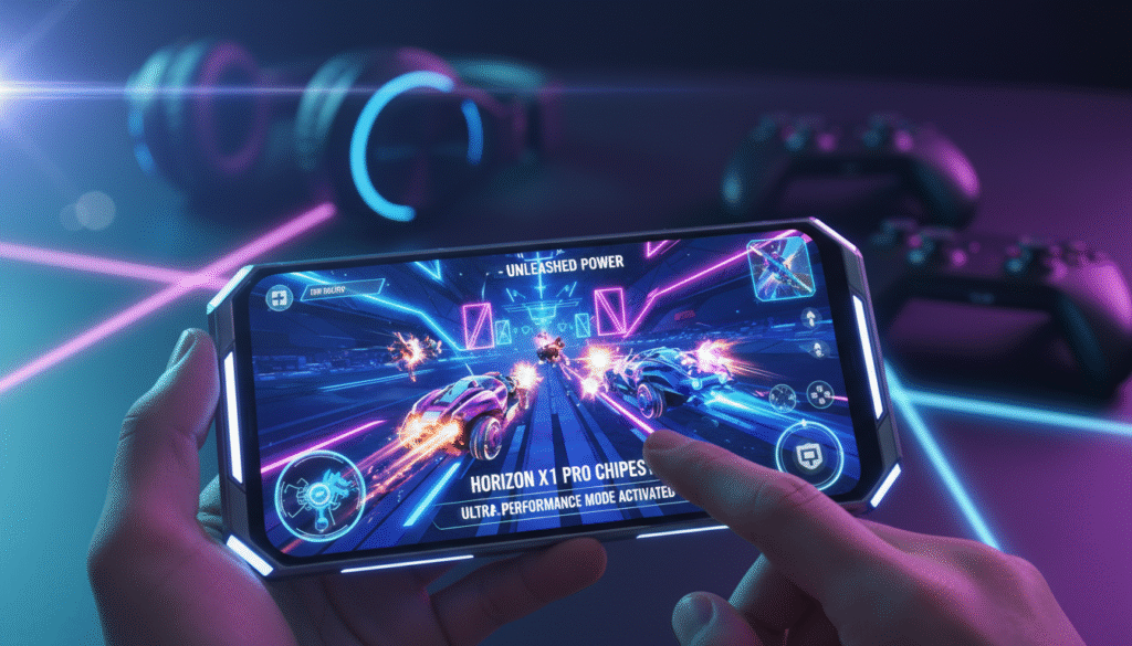 A close-up shot of a modern smartphone showcasing a vibrant, high-resolution gaming interface highlighting its chipset capabilities. The foreground features a sleek gaming smartphone held in an individual's hand, with fingers poised over the screen, displaying dynamic, colorful graphics typical of mobile gaming. In the middle ground, a subtle gaming-themed background with neon lights and abstract shapes suggests a digital environment, enhancing the focus on mobile gaming. The background features blurred silhouettes of a gaming setup, such as a headset and game controllers, creating depth. Soft, ambient lighting adds a futuristic feel, while a slight lens flare catches the eye, emphasizing the excitement of mobile gaming. The overall mood should be energetic and immersive, appealing to gaming enthusiasts looking for affordable yet powerful options.
