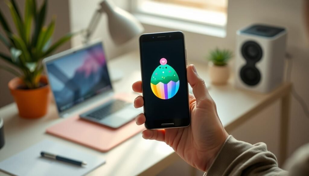 A close-up shot of a sleek Android smartphone held by a person in modest casual clothing, illuminated by soft, natural lighting to create a warm atmosphere. The screen displays an abstract and colorful representation of the Android Easter Egg, resembling a whimsical cupcake design. In the background, a blurred modern workspace can be seen, featuring a minimalist desk with tech gadgets and a potted plant, providing context for the subject matter. The focus is on the phone and the vibrant Easter Egg, capturing the excitement of discovering hidden features. The angle is slightly tilted to emphasize the screen, inviting viewers to engage with the image’s content. The overall mood is informative and playful, inviting curiosity about Android Easter Eggs.