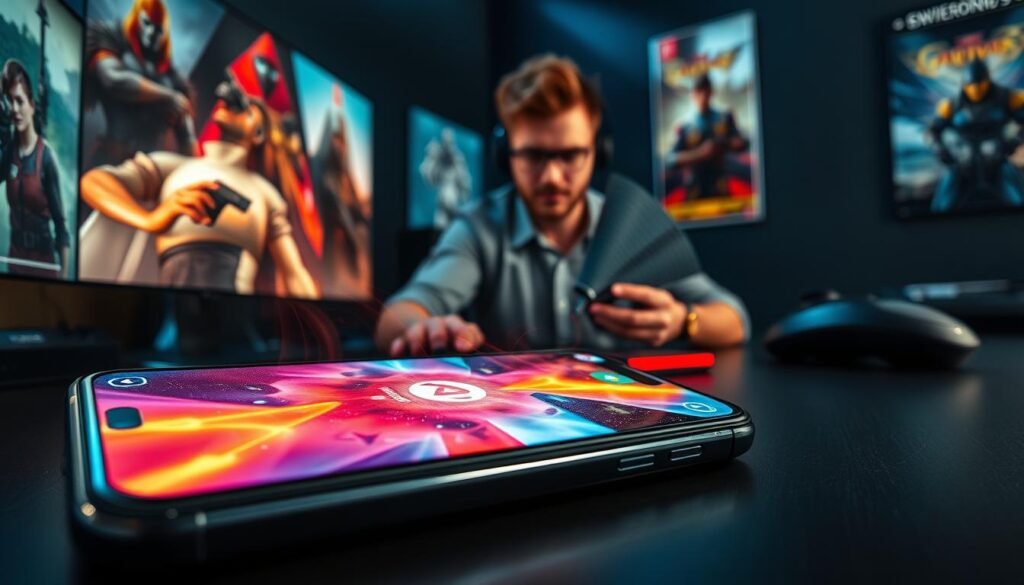 A close-up shot of a smartphone overheating during a gaming session, positioned on a sleek gaming desk. In the foreground, the phone displays a vivid game interface with bright colors, emphasizing the action. The device emits visible heat waves and the screen shows a warning symbol indicating overheating. The middle layer features a subtle reflection of a gamer in professional attire, looking concerned while holding a cooling fan. In the background, dim ambient lighting enhances the intense gaming atmosphere, with posters of popular games adorning the walls. The scene conveys a sense of urgency and tension, illustrating the struggles of maintaining device performance under pressure.