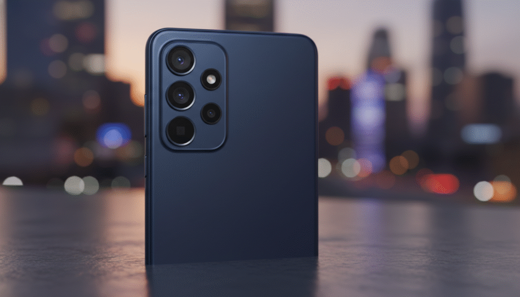 A close-up view of a Galaxy A07 smartphone highlighting its new camera module design. The foreground features the sleek body of the phone with an emphasis on the camera lens arrangement, showcasing a modern aesthetic with a matte finish. The middle ground captures the device resting on a stylish surface with soft reflections, accentuating its elegant build. In the background, a soft-focus urban environment fades into blurred shapes and colors, creating a sense of context and lifestyle. Warm, ambient lighting enhances the metallic textures of the phone, while a subtle angle emphasizes the curves of the device. The overall mood is contemporary and sophisticated, reflecting a blend of technology and everyday use.