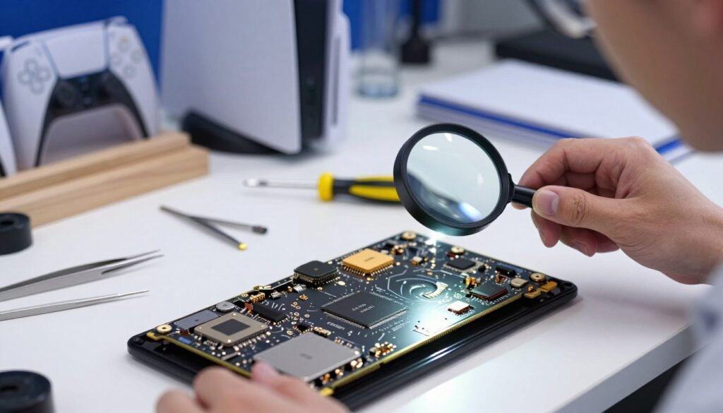 A close-up view of a PlayStation 5 SSD being inspected physically, showcasing its intricate details. In the foreground, a professional technician in a white lab coat examines the SSD with a magnifying glass, revealing its components such as chips and connectors. The middle ground features a well-organized workspace with tools like tweezers, a small screwdriver set, and a bright LED light illuminating the SSD, highlighting the fine textures and metallic components. The background is softly blurred with shelves containing electronic reference manuals and a PS5 console, creating a focused atmosphere. The lighting is bright and crisp, enhancing the technicality of the scene, while the overall mood is one of professionalism and attention to detail.