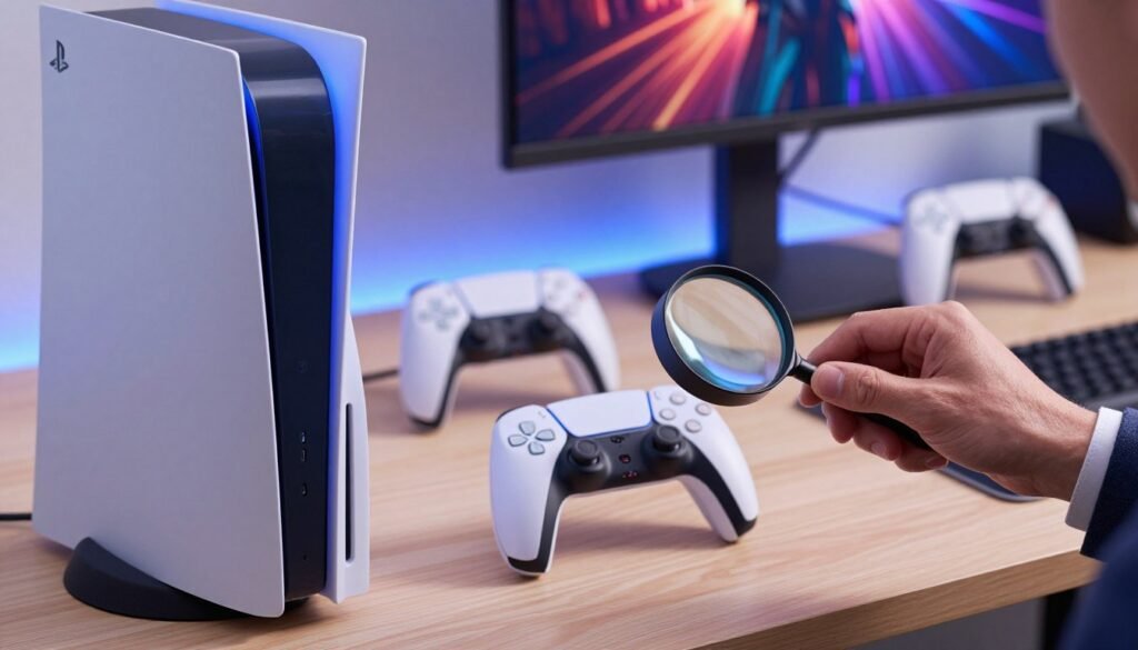 A close-up view of a PlayStation 5 console, highlighting its USB ports on the front. The console is sleek and modern, featuring its iconic design with smooth curves and a glossy finish, illuminated by soft blue LED lights. In the foreground, a professional-looking hand, dressed in a modest business attire, is gently inspecting the USB ports with a magnifying glass, demonstrating the process of checking the 5Gbps support. In the middle ground, a well-organized workspace with gaming accessories adds a touch of authenticity. The background features a blurred gaming setup with a large monitor displaying vibrant graphics. The scene is well-lit, creating a cozy atmosphere, with a shallow depth of field to emphasize the action of checking the ports.