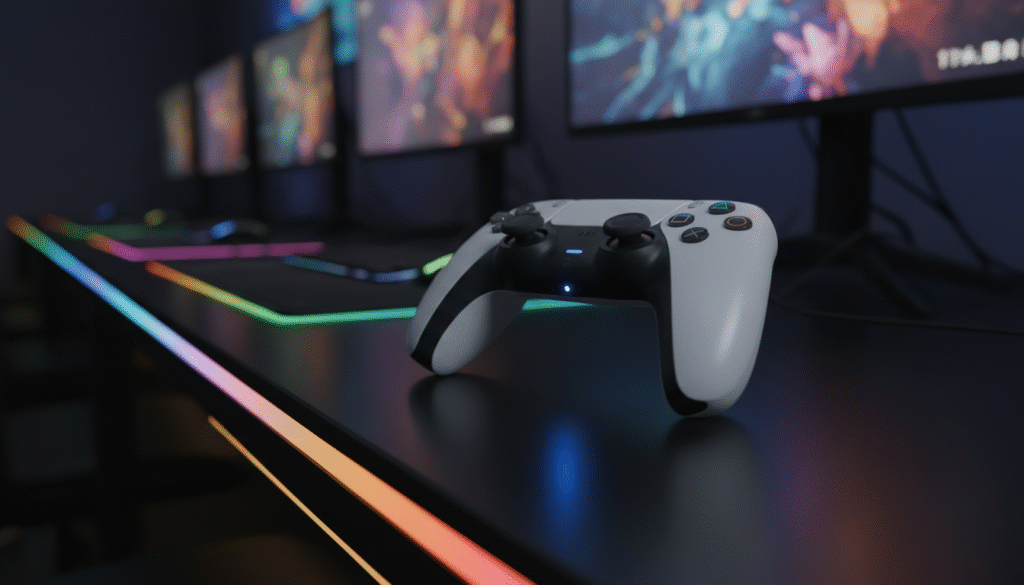 A close-up view of a PlayStation DualSense controller, showcasing the mute microphone button prominently. The foreground features the button illuminated with a subtle blue glow, symbolizing audio suppression. In the middle ground, the controller rests on a sleek, modern gaming desk adorned with ambient LED lighting that transitions colors. The background features blurred silhouettes of gaming setups, with distant screens displaying game graphics in vibrant colors, creating a lively atmosphere. The scene is bathed in soft, dramatic lighting, highlighting the textures of the controller and setting a high-tech vibe. The overall mood conveys excitement and innovation in gaming, emphasizing a seamless audio experience. A close-up view of a PlayStation DualSense controller, showcasing the mute microphone button prominently. The foreground features the button illuminated with a subtle blue glow, symbolizing audio suppression. In the middle ground, the controller rests on a sleek, modern gaming desk adorned with ambient LED lighting that transitions colors. The background features blurred silhouettes of gaming setups, with distant screens displaying game graphics in vibrant colors, creating a lively atmosphere. The scene is bathed in soft, dramatic lighting, highlighting the textures of the controller and setting a high-tech vibe. The overall mood conveys excitement and innovation in gaming, emphasizing a seamless audio experience.