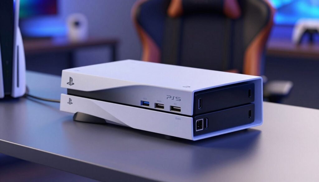 A close-up view of a PlayStation console showcasing its ports and connectivity options. The image captures the PlayStation 5 Slim on a sleek, modern tabletop, with a focus on the various USB, HDMI, and Ethernet ports highlighted in crisp detail. Soft, diffused lighting enhances the console's sleek, futuristic design, casting gentle shadows that emphasize its contours. In the background, a blurred gaming setup with a stylish gaming chair and ambient LED lights creates a tech-savvy atmosphere. The angle of the shot is slightly above the console, providing a dynamic perspective while keeping it centered. The mood is professional and inviting, appealing to gamers and tech enthusiasts alike.