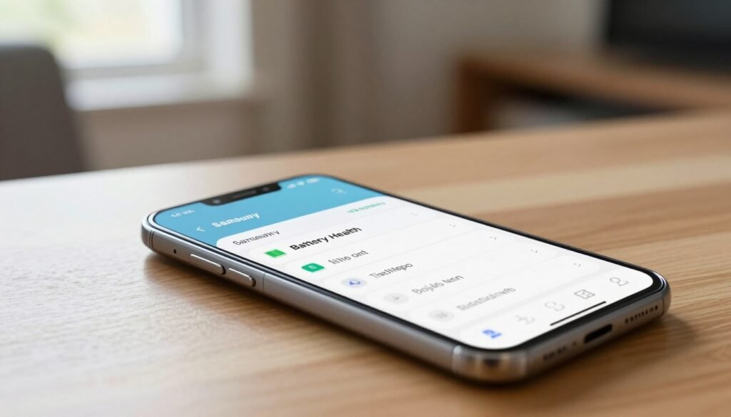 A close-up view of a Samsung smartphone's settings menu showcasing the "Battery Health" feature. The foreground focuses on the smartphone's sleek display, highlighting the clean, modern interface with icons related to battery status, life percentage, and additional settings. The middle layer captures the phone resting on a light-colored wooden desk, with subtle reflections indicating a polished surface. The background features a softly blurred home environment with warm natural lighting coming from a nearby window, creating a serene and informative atmosphere. Ensure the image conveys a sense of professionalism and clarity, suitable for a tech article, without any text or overlays.