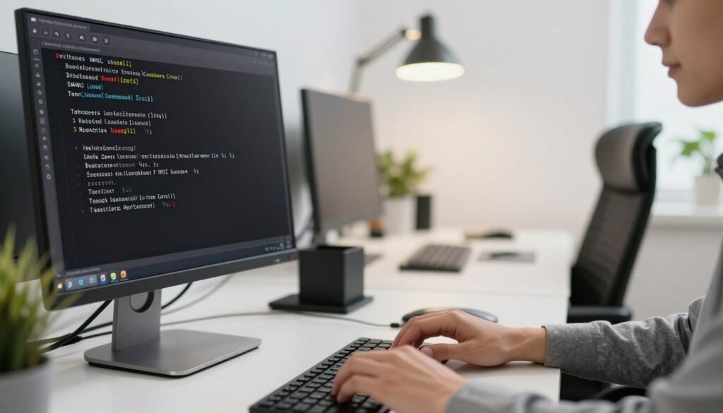 A close-up view of a computer screen displaying the Windows Command Prompt with the WMIC application in action, highlighting the bloatware uninstall process. The terminal background is black with white text, showcasing several commands being executed. In the foreground, a pair of hands are visible, typing on a sleek keyboard, dressed in business casual attire. The middle ground includes a modern workstation with a clean desk setup and a comfortable chair, filled with tech gadgets. The lighting is bright yet soft, emanating from a nearby desk lamp, creating a focused and productive atmosphere. The background features a minimalist office environment with a subtle hint of greenery to convey a refreshing, efficient workspace.