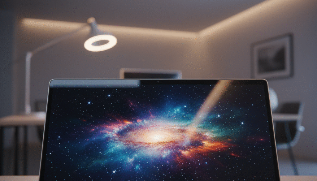 A close-up view of a high-end AMOLED display, vividly showcasing deep blacks, vibrant colors, and sharp contrast. In the foreground, the screen glows with rich visual content, demonstrating its superior image quality. The middle layer features a sleek, modern laptop or smartphone frame, elegantly designed, emphasizing its slim profile. The background consists of a soft-focus, contemporary workspace, illuminated by warm, inviting ambient light. The lighting highlights the reflective surface of the device, enhancing its appeal. The atmosphere conveys sophistication and advanced technology, evoking a sense of premium quality and optimal visual experience. No text, watermarks, or logos are present, focusing entirely on the beauty and functionality of the AMOLED display.