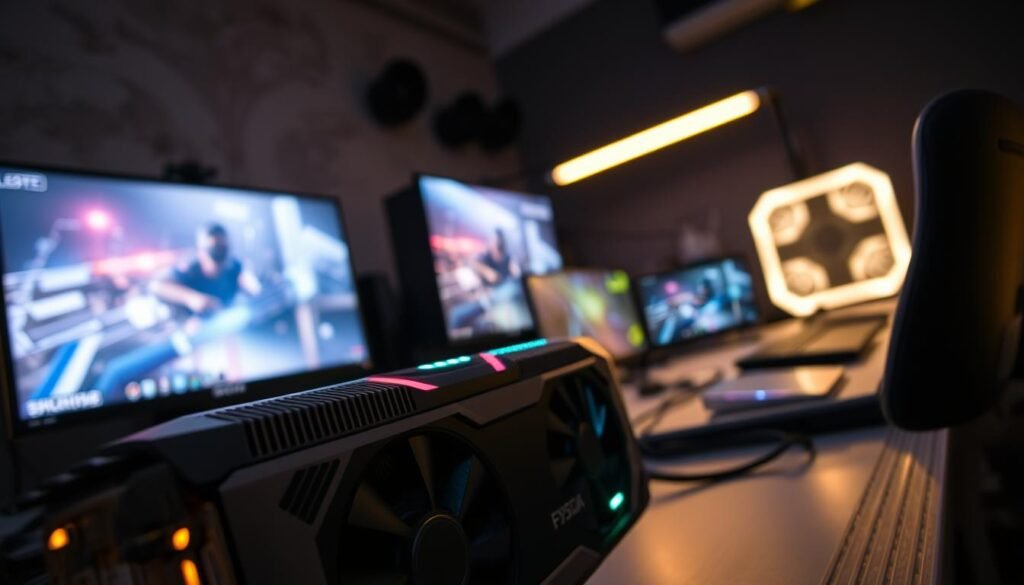 A close-up view of a high-performance gaming graphics card, showcasing its sleek and modern design with intricate cooling fins and LED lighting accents. The foreground features the graphics card prominently, revealing detailed textures on the circuit board and connectors. In the middle-ground, a powerful gaming setup with a sharply focused monitor displays vibrant graphics in a gaming environment, hinting at advanced frame generation technologies like DLSS 3.5 and FSR 3. The background includes a well-lit gamer’s desk scattered with high-tech peripherals, adding to an immersive and dynamic atmosphere. Soft, ambient lighting enhances a sense of excitement while highlighting the cutting-edge technology at play, captured at a slight angle to emphasize depth and perspective.