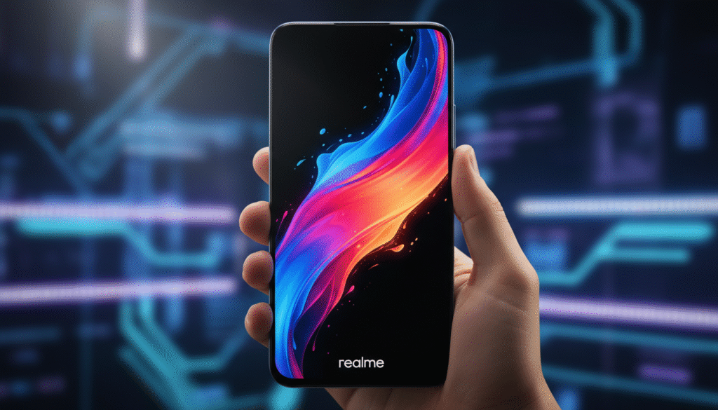 A close-up view of a high-resolution AMOLED display showcasing vibrant colors and deep blacks, emphasizing its sleek, edge-to-edge design. The foreground features a hand gently holding the smartphone, highlighting the modern aesthetics of the Realme 16 Pro, with subtle reflections from the screen creating a dynamic feel. In the middle, the phone's interface is illuminated, displaying stunning visuals and smooth animations that underscore its performance capabilities. The background includes a softly blurred tech-inspired environment with ambient lighting, enhancing the cutting-edge technology vibe while maintaining focus on the device. The composition should convey a professional yet inviting atmosphere, capturing the essence of innovation and quality.