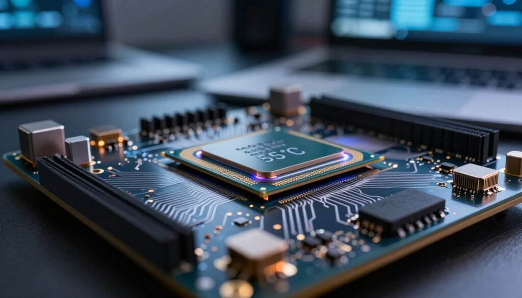 A close-up view of a high-tech CPU temperature sensor designed for monitoring hotspot temperatures, featuring intricate circuitry and thermal sensors integrated into a sleek, modern layout. The foreground showcases detailed components with visible heat dispersion patterns, while the middle ground highlights the CPU surrounded by a subtle glow indicating its idle temperature of 55°C. The background should depict a softly blurred computer workstation environment, emphasizing a professional atmosphere. Use cool lighting to convey a technological mood, with reflections on metallic surfaces to enhance realism. The angle should be slightly tilted from above for a dynamic perspective. The overall atmosphere should feel informative and engaging, emphasizing the technical nature of the Ryzen 9950X3D’s thermal performance.