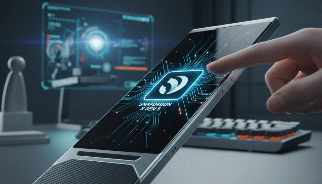 A close-up view of a high-tech smartphone showcasing the Snapdragon 8 Gen 5 chipset, artistically illuminated from the side with soft, diffused lighting to highlight its sleek design and sporty aesthetics. The foreground features the smartphone at an angle, emphasizing its premium materials and advanced features. In the middle ground, a blurred hand is interacting with the device, enhancing the dynamic feel of cutting-edge technology. The background is softly focused, showcasing a modern workspace with hints of digital elements and technology-inspired décor, conveying a professional yet innovative atmosphere. The overall mood is energetic and futuristic, inviting interest in the performance and capabilities of the new chipset. A close-up view of a high-tech smartphone showcasing the Snapdragon 8 Gen 5 chipset, artistically illuminated from the side with soft, diffused lighting to highlight its sleek design and sporty aesthetics. The foreground features the smartphone at an angle, emphasizing its premium materials and advanced features. In the middle ground, a blurred hand is interacting with the device, enhancing the dynamic feel of cutting-edge technology. The background is softly focused, showcasing a modern workspace with hints of digital elements and technology-inspired décor, conveying a professional yet innovative atmosphere. The overall mood is energetic and futuristic, inviting interest in the performance and capabilities of the new chipset.