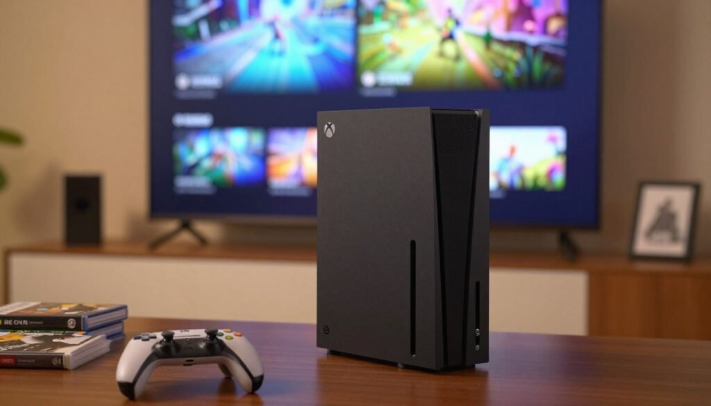 A close-up view of a living room scene highlighting a sleek Xbox Series X console prominently placed on a modern TV stand, displaying its minimalist design. In the background, a large flat-screen TV shows a split screen of various gaming menus and a game in progress, with visually appealing, colorful graphics. The room is softly lit with warm ambient lighting, creating a cozy atmosphere. Scatter a few game cases and a gaming controller on the table in the foreground to emphasize the limited storage experience. The focus should be sharp on the console and controller while the background remains slightly blurred to create depth. The mood evokes a sense of gaming excitement, mixed with the reality of limited capacity, suggestive of a thoughtful gaming experience.