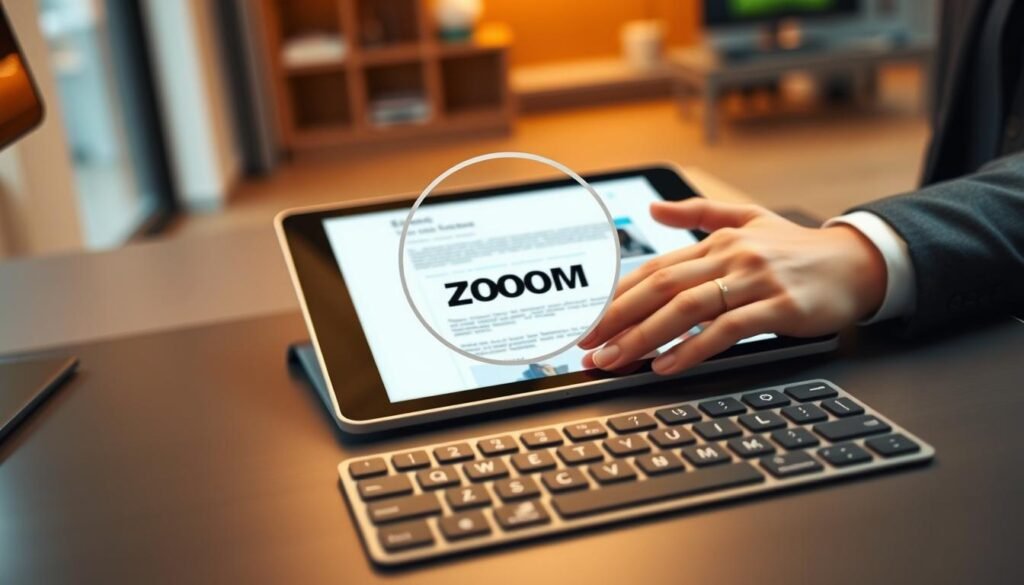 A close-up view of a modern iPad on a sleek desk, surrounded by a typing keyboard, illustrating the use of accessibility zoom. In the foreground, focus on the iPad screen displaying a zoomed-in design interface, highlighting text and graphic elements. In the middle, a pair of hands in professional business attire are typing on the keyboard, showcasing interaction with the device. The background features a softly blurred office environment with warm lighting, creating a cozy and productive atmosphere. The angle is slightly overhead, capturing both the iPad and keyboard effectively. The overall mood is efficient and innovative, emphasizing accessibility and creativity in design.