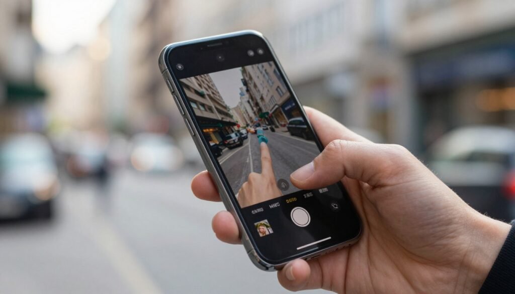 A close-up view of a modern smartphone held in a hand against a blurred urban backdrop, illustrating the quick tap double tap screenshot feature. The hand is positioned in a casual, natural grip, emphasizing a sleek and shiny phone displaying the screenshot interface on its screen, with vibrant colors and sharp details. Soft sunlight filters through, creating a warm and inviting atmosphere, highlighting the phone’s edges. The scene is in focus on the phone and the hand, while the background blends into a bokeh effect, suggesting a bustling city life without distracting details. The overall mood is dynamic and modern, showcasing innovation in technology.