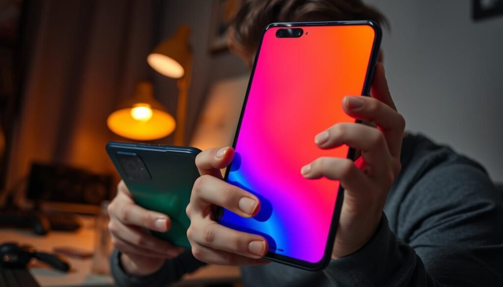 A close-up view of a person, casually dressed, sitting at a desk with a OnePlus 12 smartphone in their hands, looking frustrated. The background shows a dimly lit room with a warm lamp, casting soft shadows. The foreground focuses on the phone screen, displaying vivid colors that are overly bright, with a slight glare reflecting off the display. Emotion is evident on the user's face, conveying discomfort due to the unwanted bright light. The atmosphere should feel tense, highlighting the frustration of dealing with auto-brightness issues. Use shallow depth of field to emphasize the user's expression, while subtly hinting at the surrounding clutter of gaming accessories and tech gadgets in the blurred background.