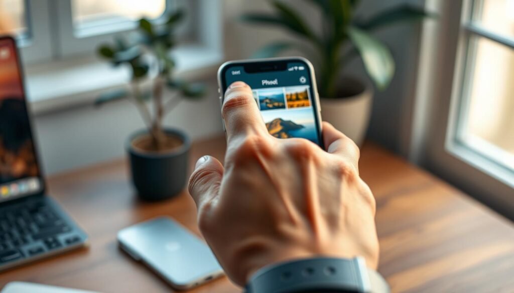 A close-up view of a person’s hand interacting with an iPhone, demonstrating the intuitive crop photo gesture. The hand, wearing a sleek wristwatch, is positioned in the foreground, gently pinching and dragging the screen to crop a vibrant landscape photo. The iPhone's screen shows the editing interface, illuminated with bright, colorful images. In the background, a soft-focus, modern workspace setting with a wooden desk and a potted plant creates a warm atmosphere. Natural light comes from a nearby window, casting soft shadows and enhancing the colors on the phone's screen. The mood is tech-savvy and creative, emphasizing innovation and user-friendly design.