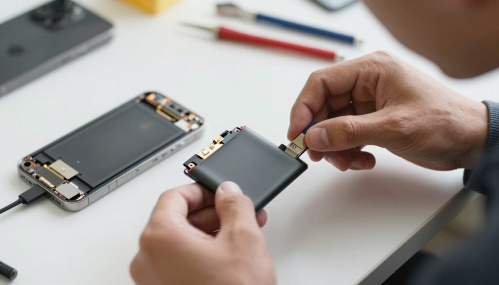 A close-up view of a skilled technician carefully positioning a new battery into an iPhone 15, focusing on the delicate installation process. In the foreground, the technician’s hands, clad in casual but professional attire, gently hold the battery, ensuring it fits perfectly into its designated space. The middle ground features a partially disassembled iPhone 15, with clear visibility of the battery slot and connectors, highlighting the precise alignment needed for a successful installation. In the background, softly blurred tools are visible, suggesting a clean workspace. The lighting is bright and even, mimicking a natural daylight ambiance to provide clarity on the intricate details. The overall atmosphere conveys a sense of professionalism and concentration in a tech-savvy environment.