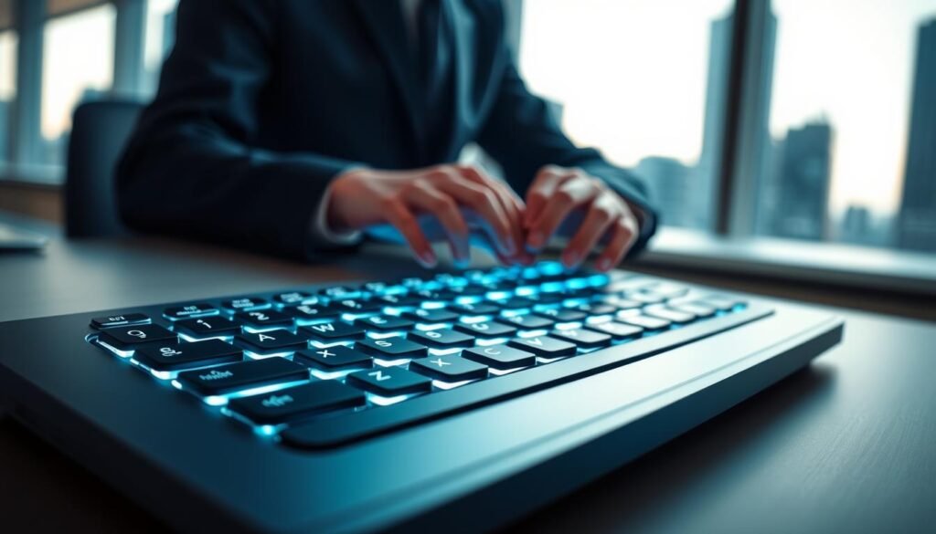 A close-up view of a sleek and modern computer keyboard, designed specifically for business use, placed on a minimalist office desk. The keyboard features high-tech backlit keys, symbolizing innovation, with a soft glow illuminating the surroundings. In the background, blurred silhouettes of office buildings imply a corporate environment, highlighting a bustling city. A pair of professional hands, dressed in smart business attire, rests gently on the keyboard, poised to type. The scene is lit with soft, natural light coming from a large window, casting gentle shadows that create a warm atmosphere of productivity and creativity. The overall mood should reflect strategic thinking and forward-looking business practices, evoking a sense of intrigue about the decisions behind such innovations.