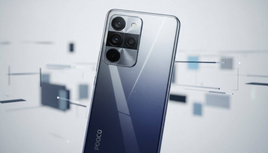 A close-up view of a sleek smartphone from the POCO lineup, showcasing its elegant design and premium build quality. The phone displays a smooth glass back with a stylish gradient finish and an innovative camera arrangement. The foreground features subtle reflections on the device's surface, accentuating its high-end materials. In the middle ground, a soft-focus background includes abstract geometric shapes, representing technological innovation and modern design aesthetics. The lighting is bright but diffused, creating a clean and professional atmosphere that highlights the intricacies of the smartphone’s details. Capture the scene with a shallow depth of field, emphasizing the phone while maintaining a contemporary and aspirational mood. A close-up view of a sleek smartphone from the POCO lineup, showcasing its elegant design and premium build quality. The phone displays a smooth glass back with a stylish gradient finish and an innovative camera arrangement. The foreground features subtle reflections on the device's surface, accentuating its high-end materials. In the middle ground, a soft-focus background includes abstract geometric shapes, representing technological innovation and modern design aesthetics. The lighting is bright but diffused, creating a clean and professional atmosphere that highlights the intricacies of the smartphone’s details. Capture the scene with a shallow depth of field, emphasizing the phone while maintaining a contemporary and aspirational mood.
