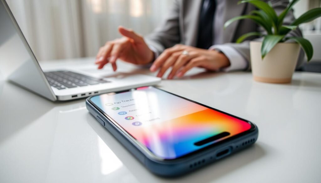 A close-up view of a smartphone displaying the "App Tracking Report" feature of iOS 18.2, set on a clean workspace desk. In the foreground, the phone has a vivid screen showcasing a colorful interface with icons of different apps, indicating user privacy settings. The middle layer features hands of a professional dressed in a smart business attire exploring the settings, with a subtle reflection of natural light illuminating the scene. In the background, there’s a soft-focus laptop and a potted plant, creating a modern office atmosphere. The overall lighting is bright yet soft, providing clarity and focus on the smartphone, evoking a sense of security and technological advancement.